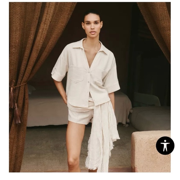 Zara Other - Zara 100% Linen Matching Set Sand Beige Oversized Shirt Shorts Co Ord Size S